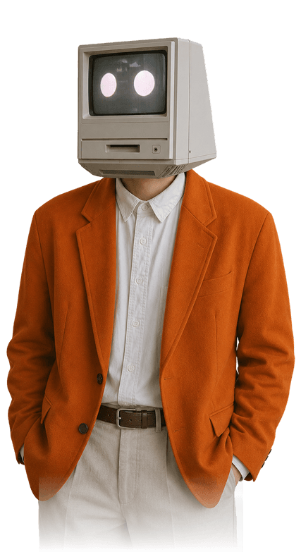 Person wearing a retro computer monitor as a head