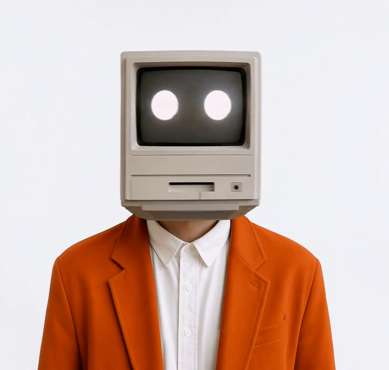 Person wearing a retro computer monitor as a head